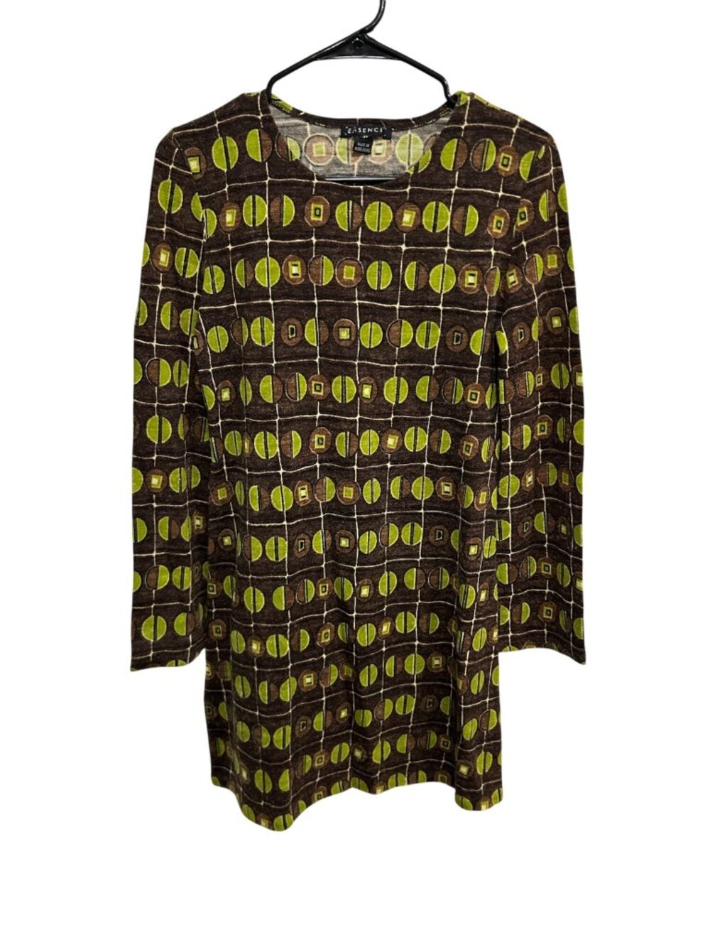 Essence Long Sleeve Tunic Dress Brown Green Sz 36 Geometric Print Fuzzy Knit